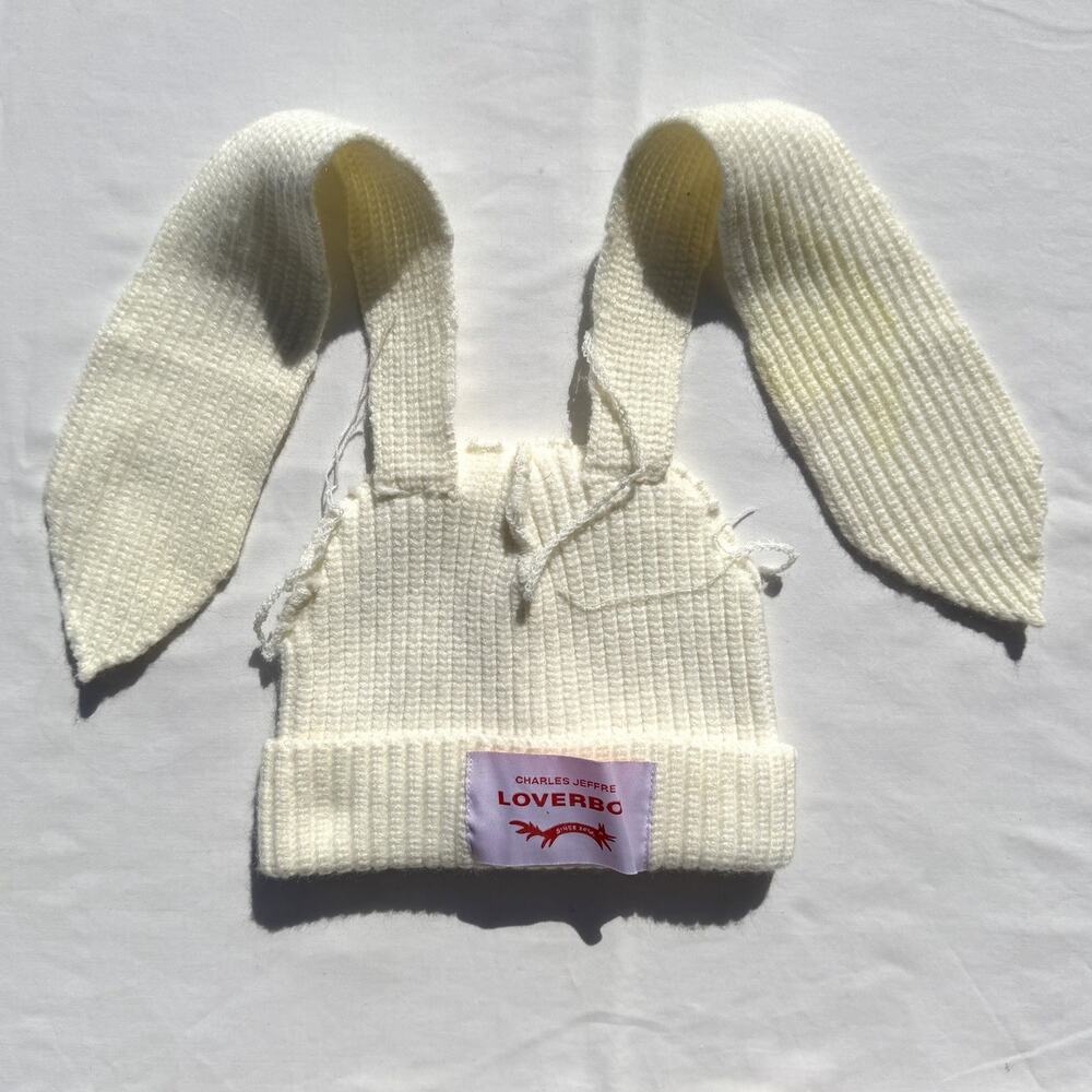 Charles Jeffrey Loverboy Chunky Rabbit Beanie Hat Distressed Cream Knit